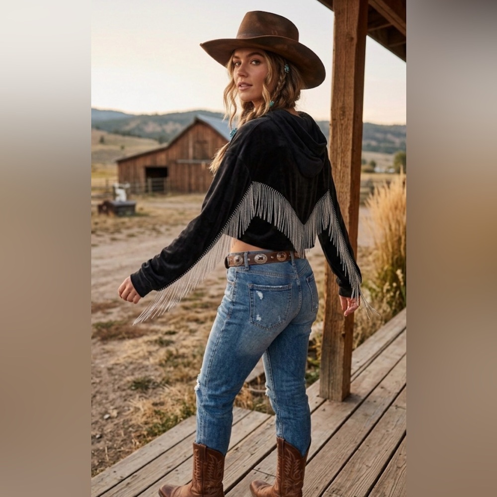 Two 2 fly crop Hoodie with Silver Fringe western rodeo cowgirl goth rave casual